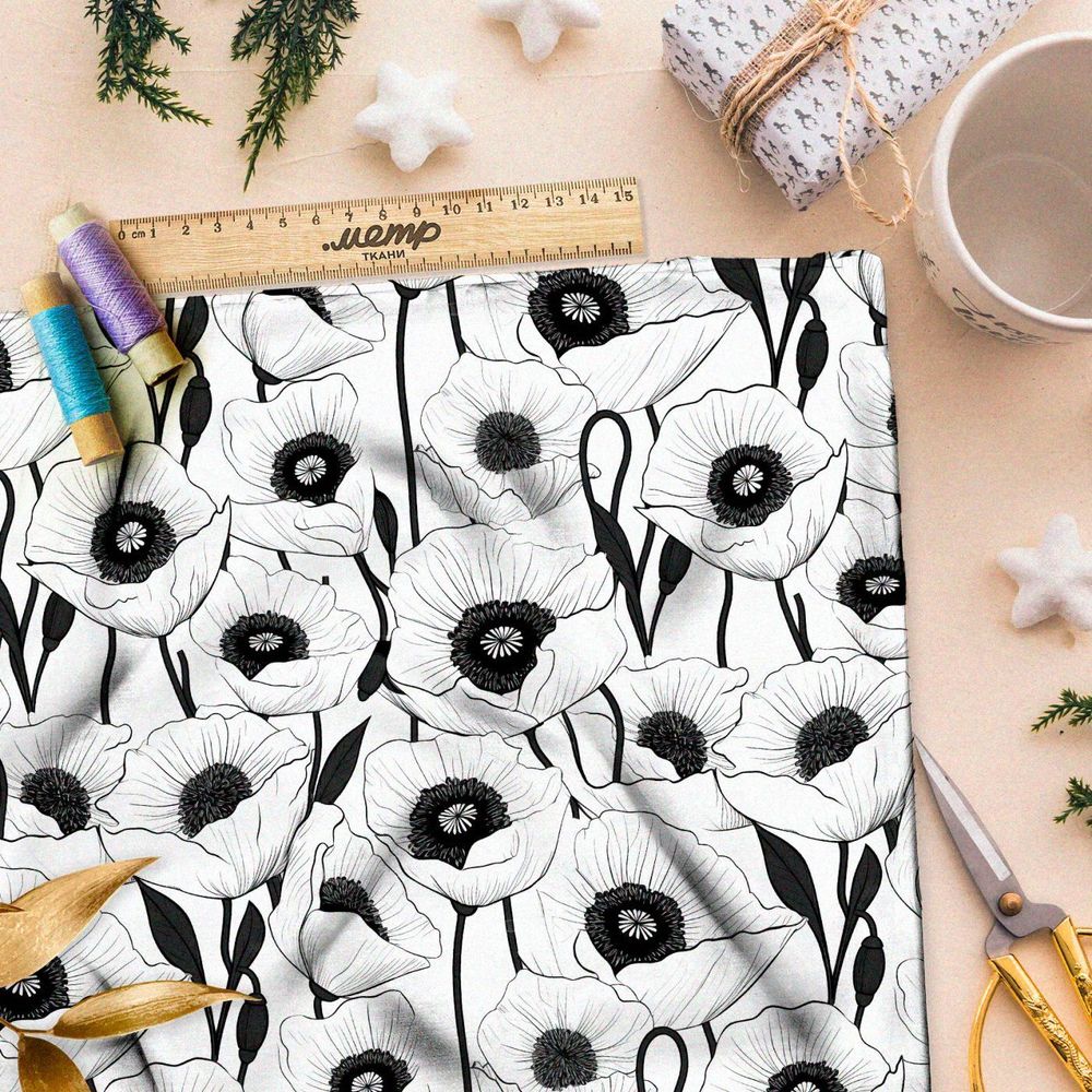 Ткань премиум флис крупные черно-белые  маки