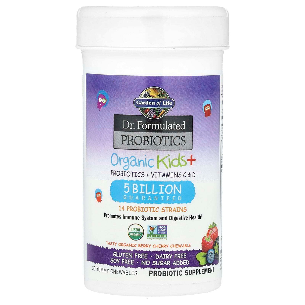 Garden of Life, Dr. Formated Probiotics, Organic Kids +, вкусные органические ягоды и вишня, 30 вкусных жевательных таблеток