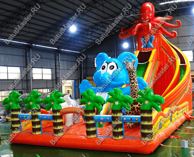 Коммерческий надувной батут "Слоны и жираф" 18*9*8,5 м