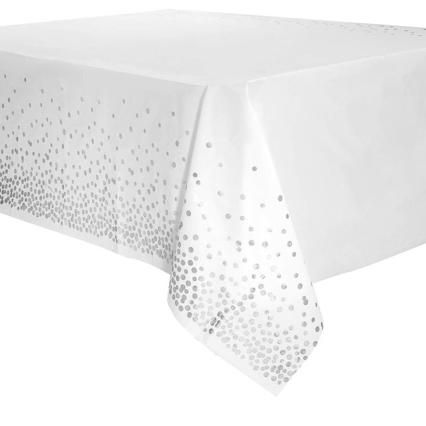 Скатерть одноразовая, Конфетти, Белый/Серебро, Металлик, 137*183 см
