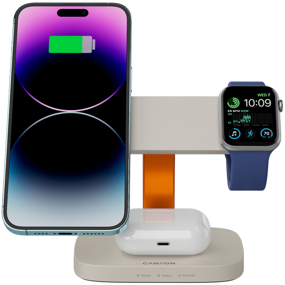 CANYON Wireless Charging Station Hexagon 310 3in1 LightGrey/Orange