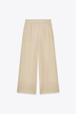 ZARA ШИРОКИЕ БРЮКИ ИЗ ПОЛУПРОЗРАЧНОЙ ЖАТОЙ ТКАНИ, СВЕТЛО-БЕЖЕВЫЙ