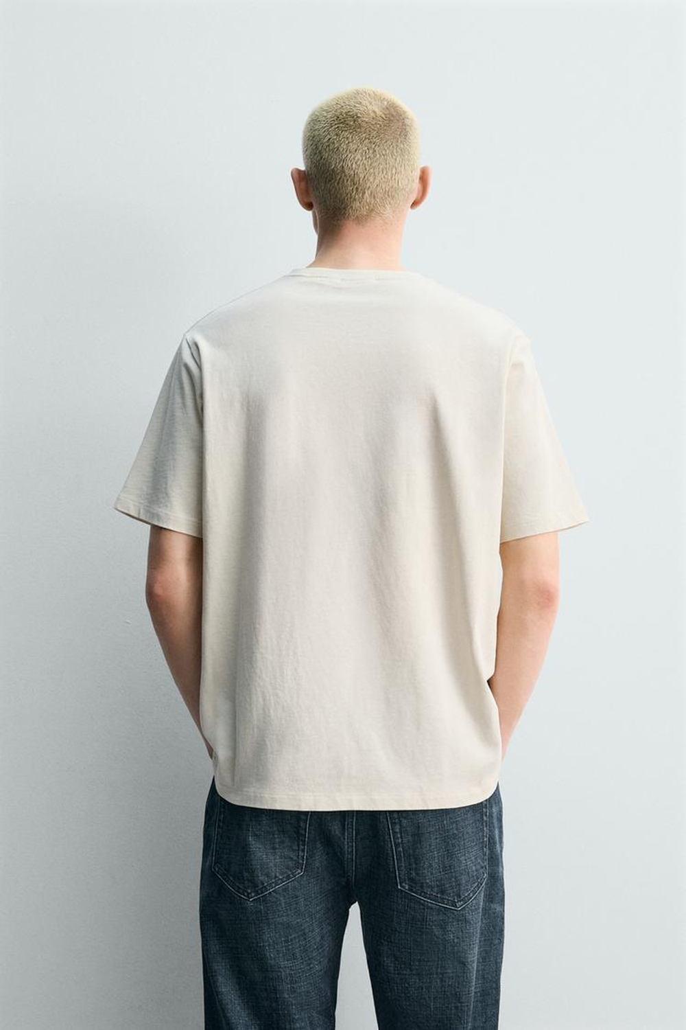 ZARA ФУТБОЛКА REGULAR FIT ИЗ СМЕСОВОГО ХЛОПКА, СВЕТЛО-БЕЖЕВЫЙ