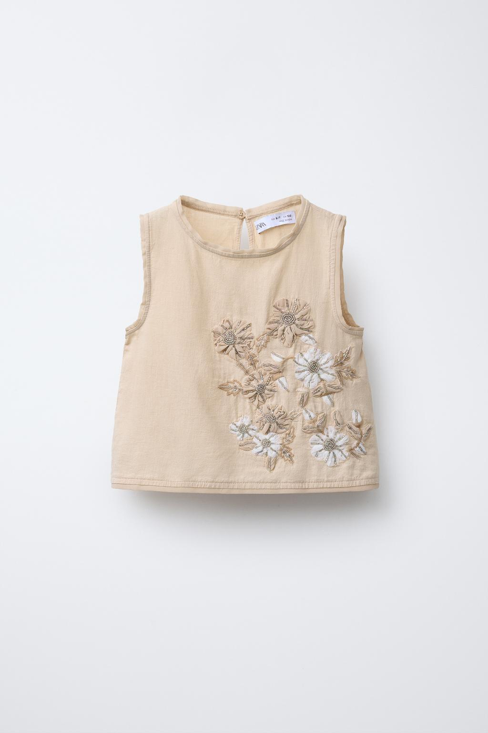 ZARA ЛЬНЯНОЙ ТОП С ВЫШИВКОЙ В ЦВЕТОЧЕК, СВЕТЛО-БЕЖЕВЫЙ