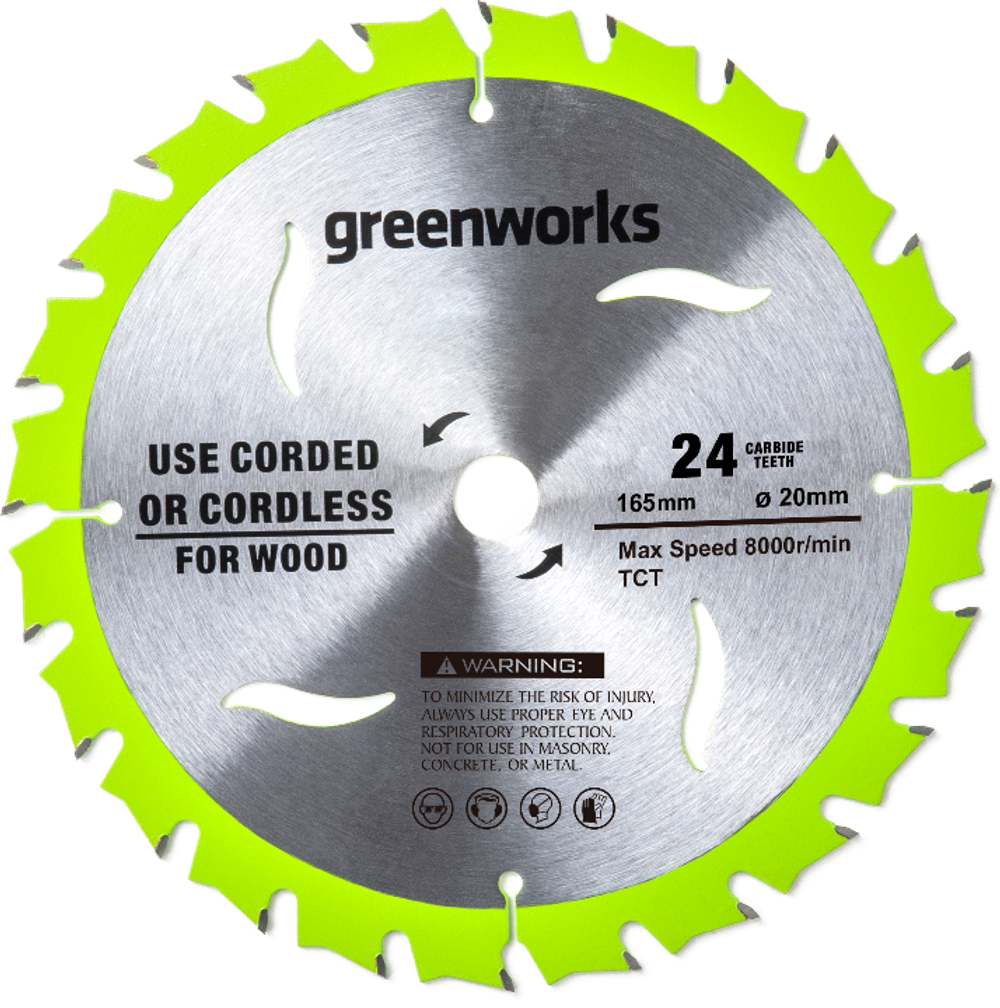 Диск пильный Greenworks 165x1.6x20 мм, 24T, по дереву для дисковой пилы (2955707)