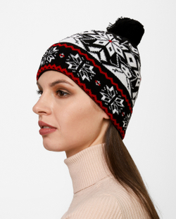 Женская шапка PRIVAL  с отворотом Скандинавия -6 черный +красный