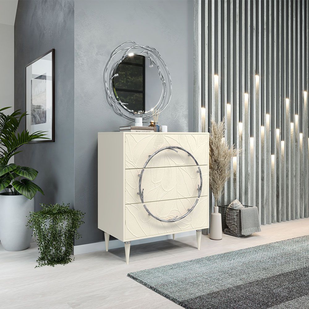 Комод Арт Колор leaves Классик Сильвер с 3 ящиками Кремовый белый