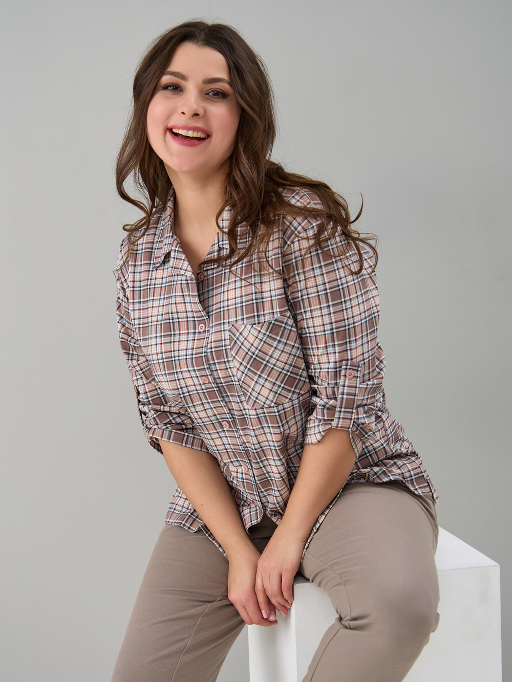 Рубашка Р-001/бежевая-клетка