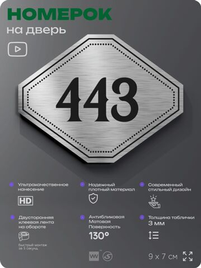 Номерок на дверь квартиры 443, для кабинета, офиса, шильдик 9 х 7 см, брашированная сталь, Айдентика Технолоджи