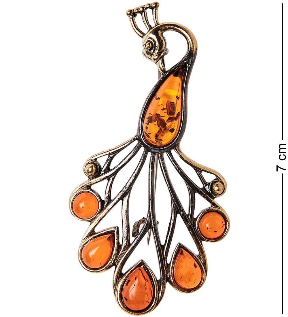 AM-2629 Брошь «Павлин ажурный» (латунь, янтарь)
