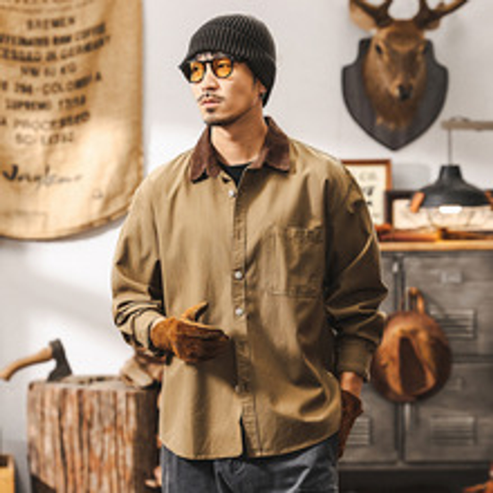 Рубашка мужская хлопковая с накладным карманом и воротом другого цвета из Lyocell Tencel