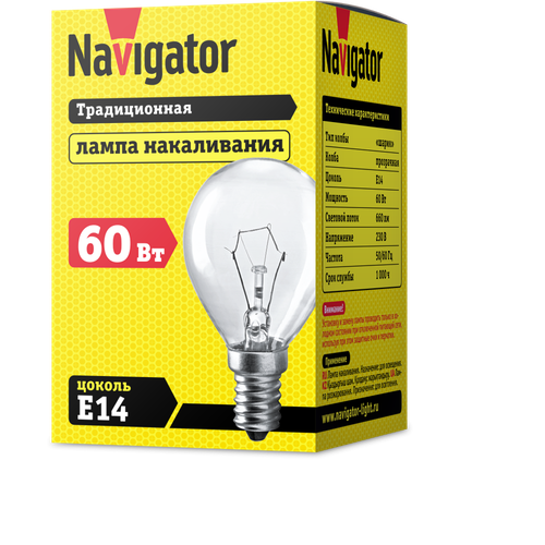 Стандартная лампа накаливания Navigator NI-C-60-230-E14-CL 60W E14 шарик, прозрачная  94316