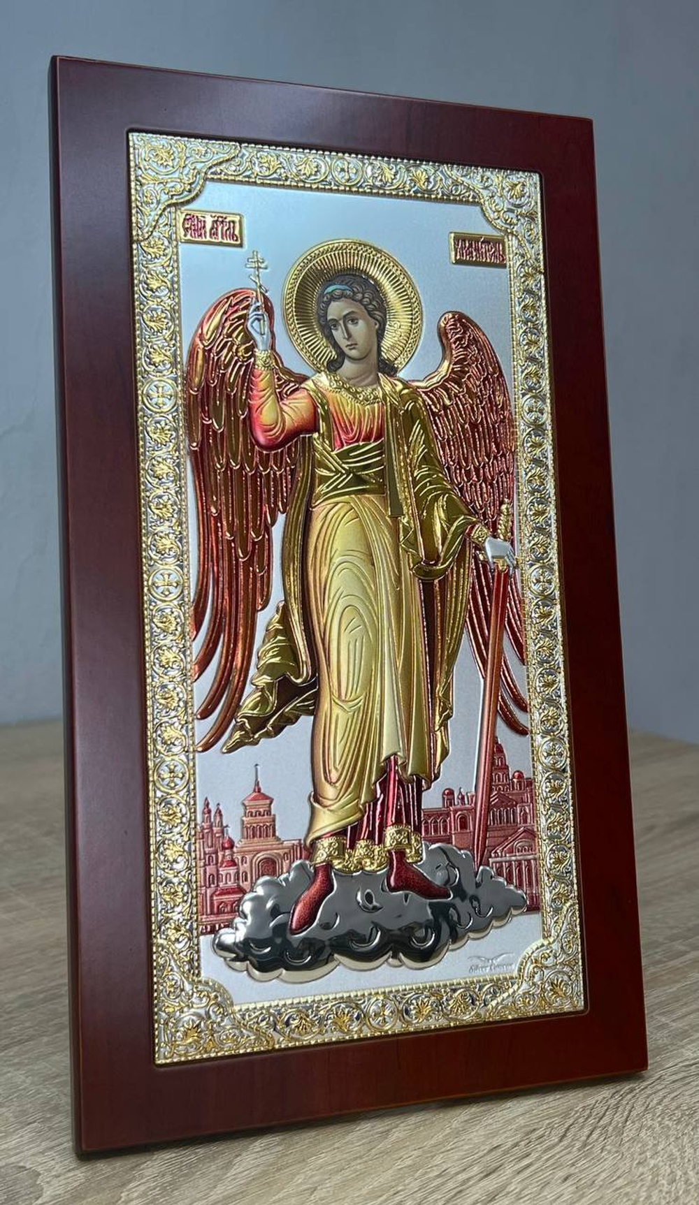 Ангел Хранитель, икона ростовая, красное дерево, эмаль 102х178