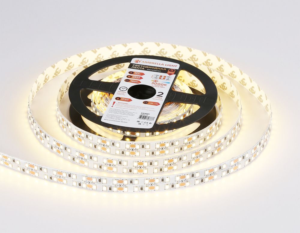 Ambrella Светодиодная лента двухрядная Ambrella Light GS1601 2835 240Led /19.2W m/ 12V IP20 3000K 5m LED Strip 12V GS1601