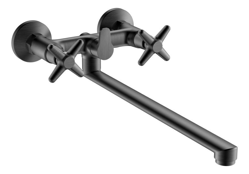 Смеситель для ванны двухрычажный латунный V220143-G с длинным изливом и душем, графит