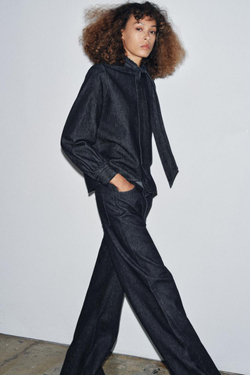 ZARA ДЖИНСОВАЯ РУБАШКА С БАНТОМ — ZW COLLECTION, СИНИЙ