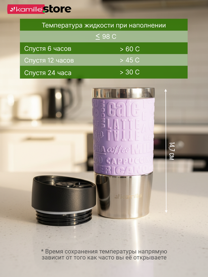 Термокружка 280 мл. из нержавеющей стали Kamille KM 2152 с резиновой накладкой