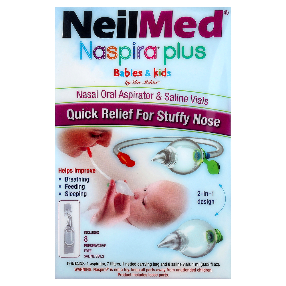 NeilMed, Naspira® Plus, назально-оральный аспиратор и флаконы с солевым раствором, для младенцев и детей, набор из 17 предметов