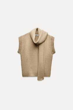 ZARA ТРИКОТАЖНЫЙ ЖИЛЕТ С ШАРФОМ, БЕЖЕВЫЙ