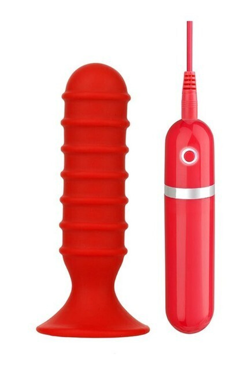 Силиконовый анальный вибратор на присоске Ribbed Torpedo (10 режимов) (Цвет: красный)