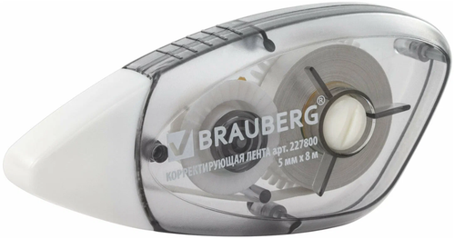 Корректирующая лента Браунберг БлекэндВайт 5мм 8м корпус черный тонированный, механизм перемотки