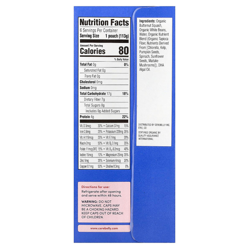 Cerebelly, органическое пюре, для детей от 6 месяцев, мускатная тыква и белая фасоль, 6 пакетиков по 113 г (4 унции)