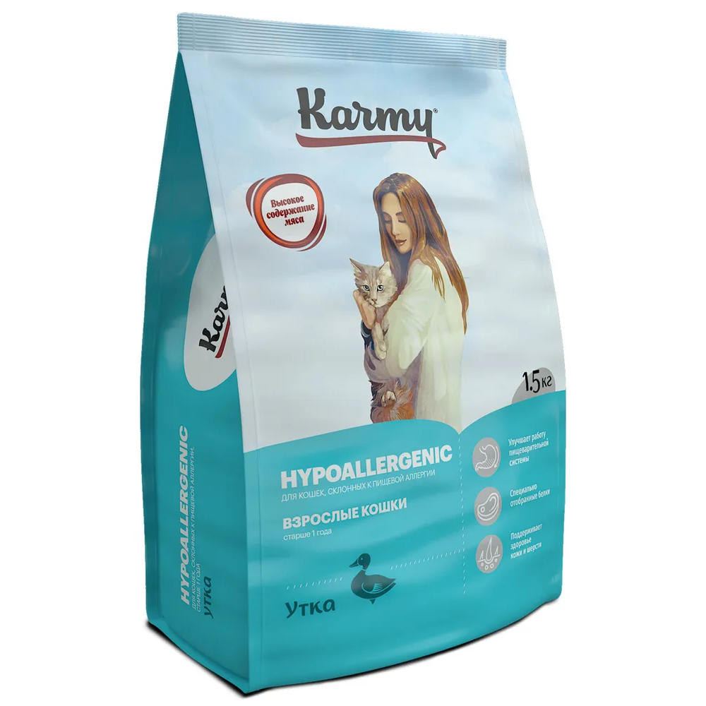 Сухой корм для для взрослых кошек, Karmy Hypoallergenic, склонных к пищевой  аллергии, с уткой купить с доставкой в интернет-магазине зоогастроном.ру