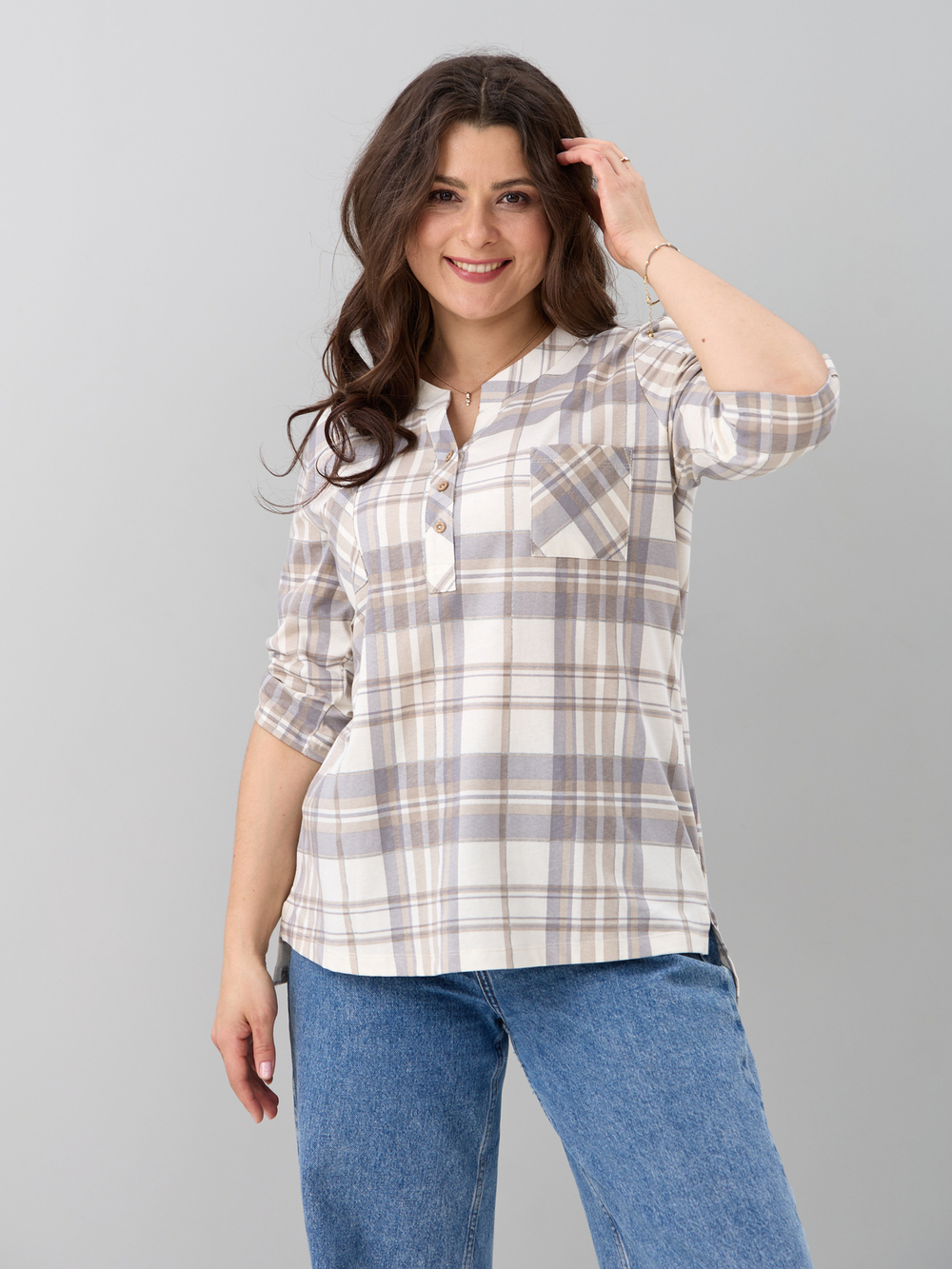 Блузка БЛ-131/клеткабеж-серебро