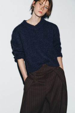 ZARA БРЮКИ BALLOON В ПОЛОСКУ С ЗАЩИПАМИ, КОРИЧНЕВЫЙ/ЭКРЮ