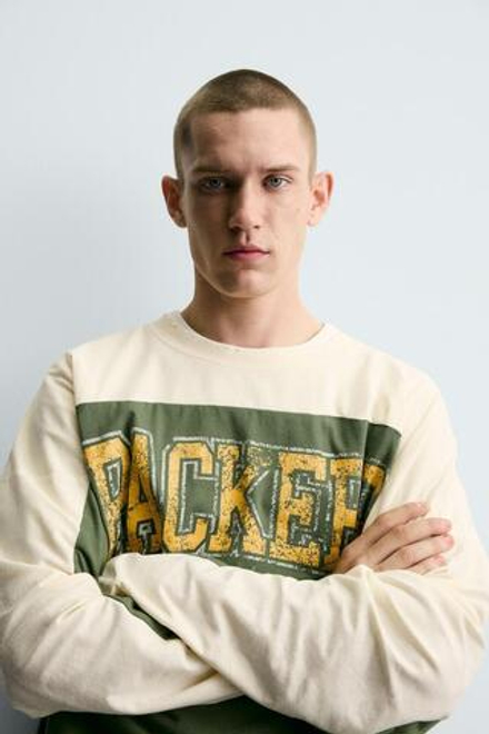 ZARA ФУТБОЛКА С ЭФФЕКТОМ ПОТЕРТОСТИ NFL GREEN BAY PACKERS, ЗЕЛЕНЫЙ