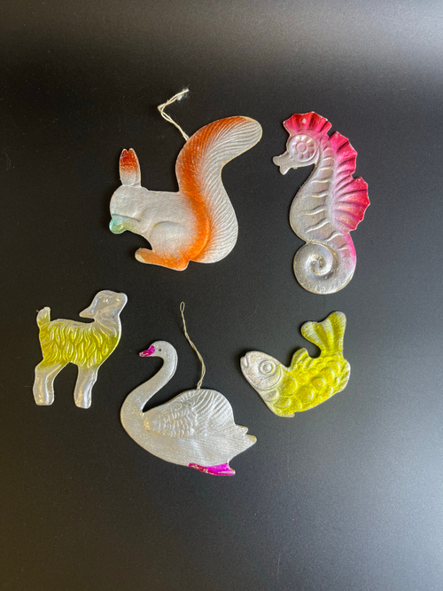 Ёлочные игрушки набор из 5 картонажных игрушек, рыбка, лебедь, козлёнок, белочка, конёк, винтаж, СССР 1940-1960 гг