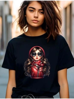 Футболка черная матрешка в красной кожанке 2026
