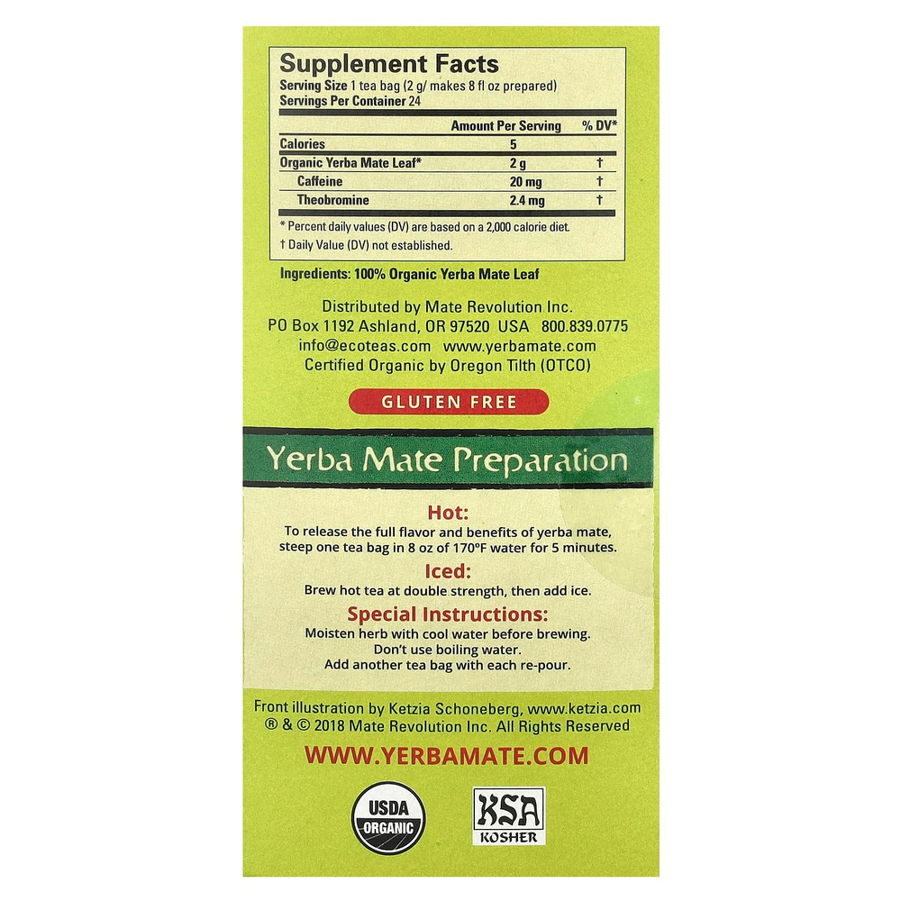 EcoTeas, йерба мате, «зеленая энергия», без копчения, 24 чайных пакетика, 48 г (1,7 унции)