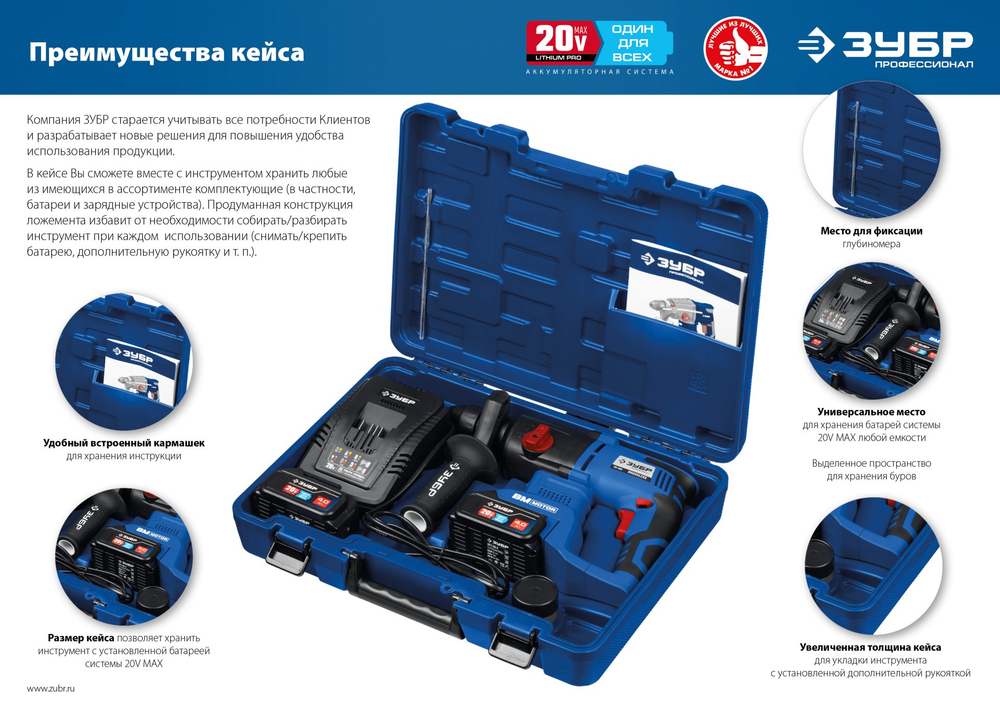 ЗУБР Т7, 20 В, 26 мм, 2 АКБ (4 А·ч), бесщеточный перфоратор, кейс, Профессионал (PB-260-42)