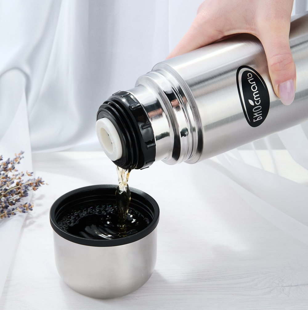 Термос Biostal (1 литр), узкое горло, пробка с ситечком, пробка с кнопкой