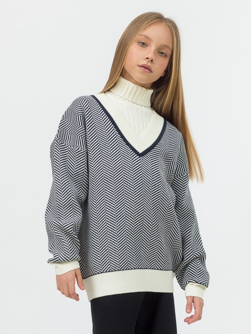 Джемпер для девочки AT954 синий-молочный