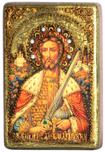 Инкрустированная Икона Святой благоверный князь Александр Невский 15х10см на натуральном дереве, в подарочной коробке