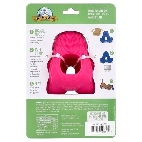 Yeti Dog Chew, Puff & Play, дозатор лакомств, жевательные таблетки для собак, йети, розовый, 4 жевательных конфеты, 1 дозатор