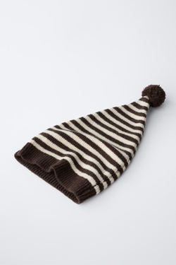 ZARA ВЯЗАНАЯ ШАПОЧКА В ПОЛОСКУ С ШЕРСТЯНЫМ ПОМПОНОМ, ЭКРЮ