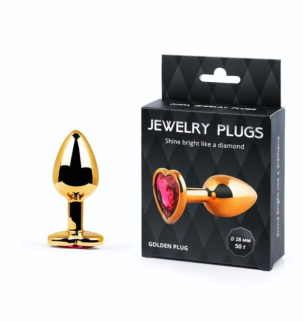 Золотистая анальная пробка с малиновым кристаллом-сердечком - 7 см. (Цвет: малиновый)