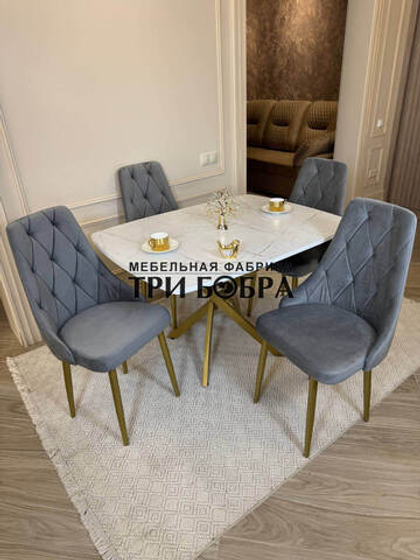 Раздвижной стол "Квадро", белый каспий и 4 стула "Лондон" серые