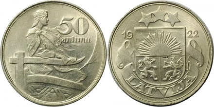 Латвия 50 сантимов, 1922 Латышская девушка XF