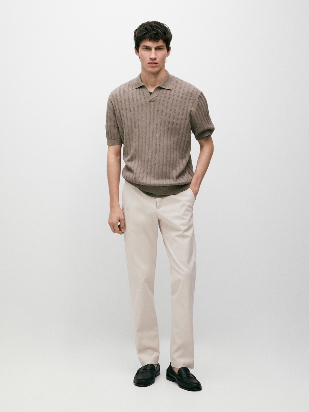 Massimo Dutti Зауженные брюки из смесовой хлопковой ткани, бежевый