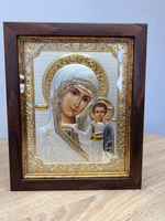 Казанская БМ, икона прямоугольная в рамке под стеклом, красное дерево 170х210