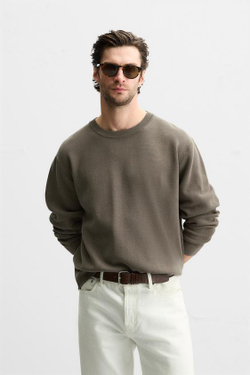 ZARA СВИТЕР ИЗ СМЕСОВОГО ХЛОПКА С РЕЛЬЕФНЫМ УЗОРОМ, РЫЖЕВАТО-КОРИЧНЕВЫЙ