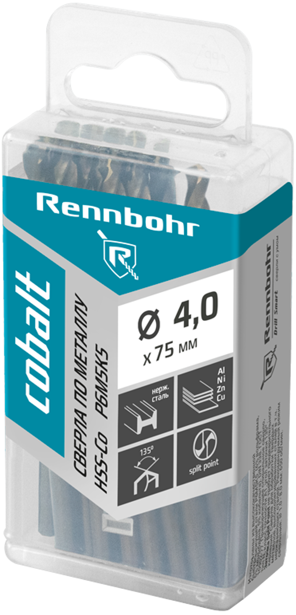 Сверло по металлу, ЦХ, 4,0х75мм, HSS-Co, Р6М5К5, 20шт/уп RENNBOHR COBALT PROM