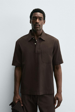 ZARA РУБАШКА-ПОЛО ИЗ ЛИОЦЕЛЛА И ХЛОПКА, КОРИЧНЕВЫЙ