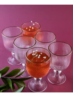 Набор ребристых бокалов вина, 380 мл. 6 шт. с золотой каймой