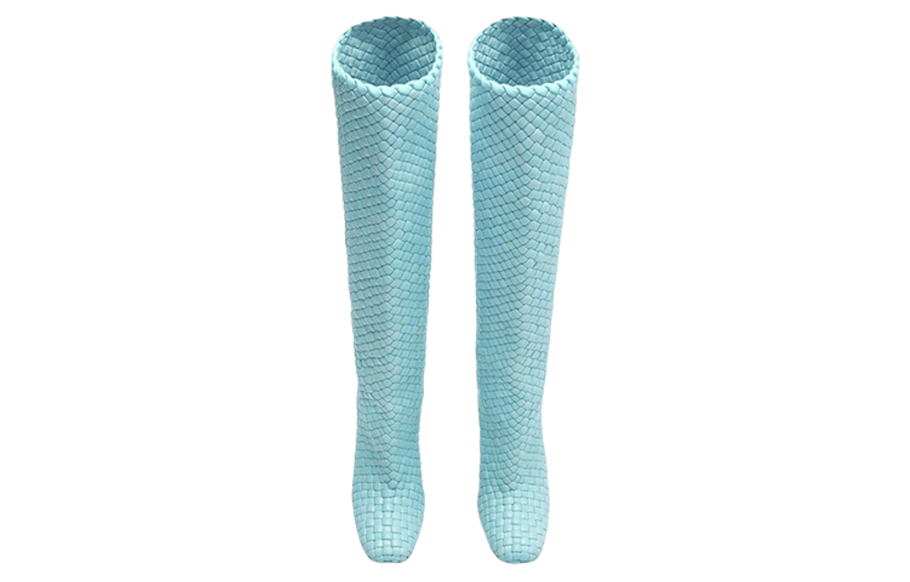 Bottega Veneta Canalazzo Leather Woven Knee High Boots 10cm Women"s Light Blue
