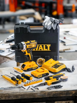 Дрель - Шуруповерт аккумуляторный DeWalt 21v, 2.0 А*ч / Кейс с набором инструментов, бит, свёрл, головок 30 предмета / Многофункциональный для сверления, закручивания , ударный 2 АКБ.